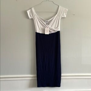 Elegant White and Navy Off-Shoulder Maternity Dress